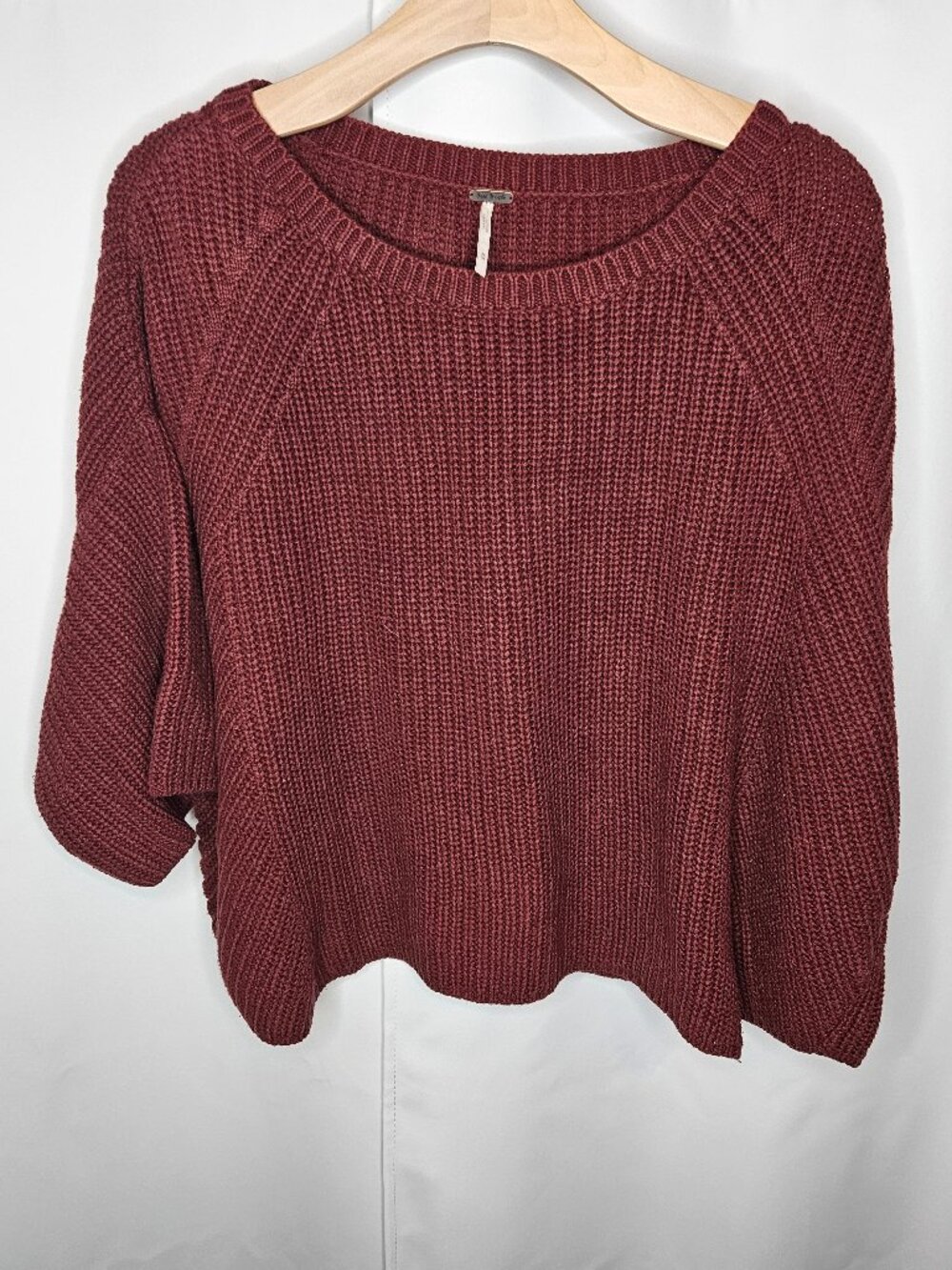 Free People Amy Cropped Wide Sleeve Knit Sweater Tee Burgundy